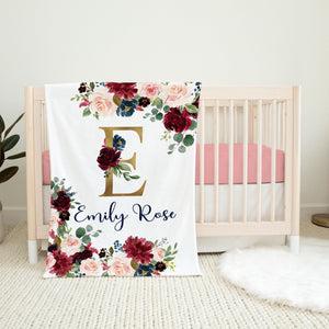 Floral Girl Name Blanket, Burgundy Red Blush Pink Gold Navy Blue Maroon Watercolor Flowers Personalized Baby Shower Gift B1423