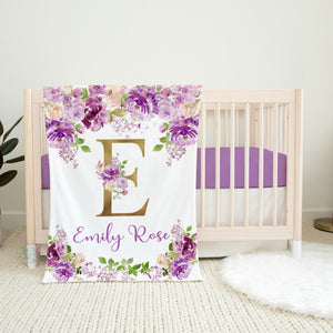 Floral Girl Name Blanket, Purple Lavender Lilac Flowers Roses Personalized Monogram Girl Baby Shower Gift Nursery Decor B1460
