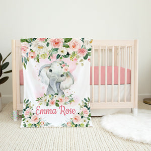 Elephants Floral Baby Girl Blanket, Blush Pink Watercolor Flowers Newborn Baby Girl Name Baby Shower Gift Nursery B1080