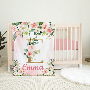 Personalized Pink Floral Girl Name Blanket Blush Pink Gold Watercolor Flowers Monogram Blanket Flowers Baby Shower Gift Newborn Girl B746