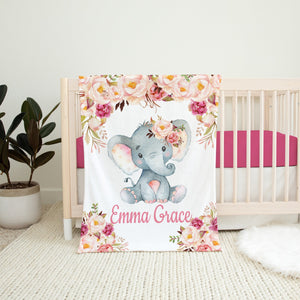 Personalized Elephant Baby Girl Name Blanket Watercolor Coral Blush Pink Peach Roses Floral Monogram Flowers Baby Shower Gift Bedding B911