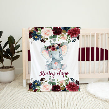Elephant Floral Girl Name Blanket, Blush Pink Burgundy Red Navy Blue Maroon Watercolor Flowers Personalized Custom Baby Shower Gift B1057