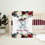 Elephant Floral Girl Name Blanket, Blush Pink Burgundy Red Navy Blue Maroon Watercolor Flowers Personalized Custom Baby Shower Gift B1057