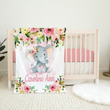 Elephant Girl Floral Name Blanket, Blush Pink Flowers Roses Personalized Baby Shower Gift Newborn Nursery Cloud Island B1180