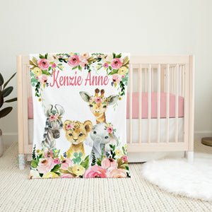 Animals Floral Girl Name Blanket, Blush Pink Flowers Personalized Safari Jungle Baby Blanket Newborn Baby Shower Gift , B1464