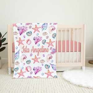 Seashells Baby Girl Name Blanket, Personalized Watercolor Under the Sea Ocean Shell Starfish Baby Shower Gift Nursery B1529