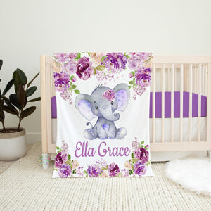 Elephant Purple Floral Name Blanket, Lavender Lilac Watercolor Flowers Personalized Girl Baby Shower Gift Nursery Decor B1159
