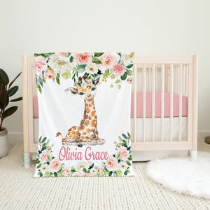 Giraffe Foral Baby Girl Blanket, Blush Pink Watercolor Flowers Personalized Newborn Baby Girl Name Blanket Animals Baby Shower Gift B1588