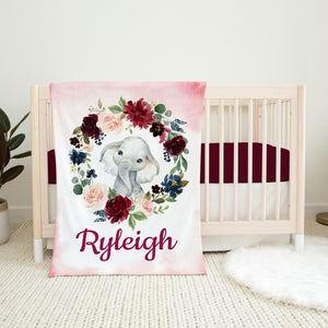 Elephant Floral Girl Name Blanket, Blush Pink Burgundy Red Watercolor Flowers Wreath Monogram Baby Shower Gift B1388