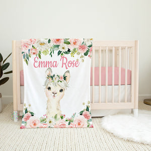 Llama Floral Baby Girl Blanket, Blush Pink Watercolor Flowers Personalized Newborn Baby Girl Name Blanket Llama Baby Shower Gift B1609