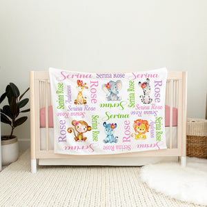 Safari Animals Baby Girl Name Blanket, Pink Purple Elephant Lion Monkey Giraffe Hippo Zebra Personalized Blanket B191