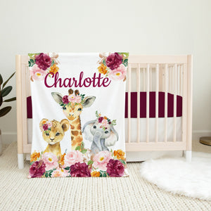 Animals Baby Blanket, Girl Personalized Floral Safari Jungle Flowers Blush Pink Burgundy Red Roses Baby Shower Gift Nursery Bedding B1097