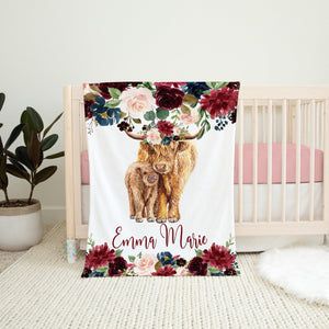 Cow Floral Girl Name Blanket, Highland Cow Baby Burgundy Red Blush Pink Gild Navy Blue Maroon Watercolor Flowers Baby Shower Gift B1612