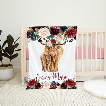 Cow Floral Girl Name Blanket, Highland Cow Baby Burgundy Red Blush Pink Gild Navy Blue Maroon Watercolor Flowers Baby Shower Gift B1612