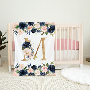 Floral Baby Blanket, Baby Girl Blush Pink Navy Flowers Roses Personalized Gold Baby Shower Gift Toddler Birthday Gift Nursery Bedding B1331