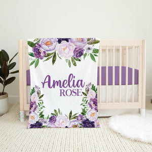 Purple Floral Girl Blanket, Personalized Baby Gift Lavender Flowers Roses Name Blanket, Baby Shower Gift Toddler Custom Nursery Decor B1634