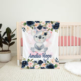 Koala Bear Baby Blanket,Navy Blue Coral Blush Pink Flowers Name Personalized Girl Swaddle Flowers Baby Shower Gift Nursery Bedding B1328