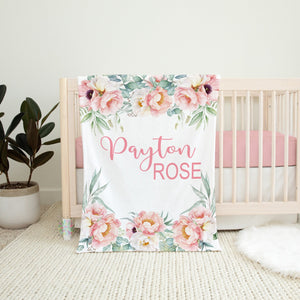 Floral Baby Blanket, Blush Pink Flowers Roses Girl Personalized Name Nursery Blanket, Baby Shower Gift Eucalyptus Peonies B1621