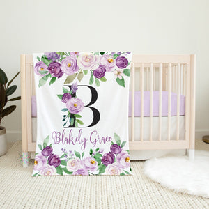 Purple Floral Girl Name Blanket, Purple Lavender Watercolor Flowers Roses Personalized Monogram Blanket Girl Baby Shower Gift B1581