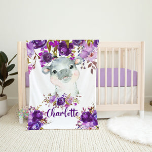 Hippo Purple Floral Blanket, Personalized Baby Girl Name, Purple Lavender Flowers Jungle Animals Newborn Baby Shower Gift Nursery B1678