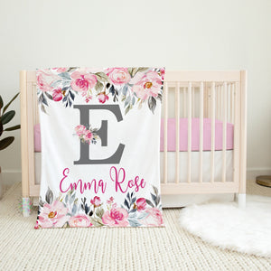 Floral Baby Girl Name Blanket, Pink Magenta Gray Watercolor Flowers Roses Personalized Monogram Nursery Bedding Baby Shower Gift B1554