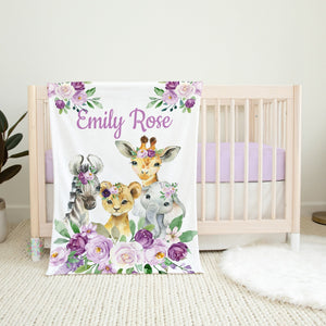Safari Animals Floral Baby Girl Name Blanket, Purple Lavender Watercolor Flowers Personalized Blanket, Baby Shower Gift Blanket B1583