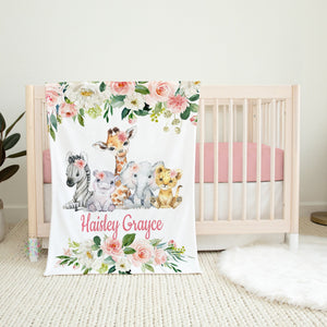 Animals Blanket, Pink Floral Jungle Personalized Blush Pink Flowers Jungle Name Blanket, Newborn Baby Shower Gift Nursery Bedding B1594