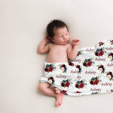 Floral Baby Girl Name Blanket, Burgundy Red Blush Pink Navy Flowers  B1266