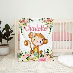 Monkey Floral Baby Girl Name Blanket Personalized Blush Pink Yellow Flowers Roses Safari Newborn Monogram Blanket Baby Shower Gift B1101