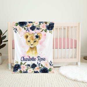 Lion Floral Baby Girl Blanket, Navy Blue Blush Pink Flowers Roses Name Personalized Girl Baby Shower Gift Nursery Bedding B1123