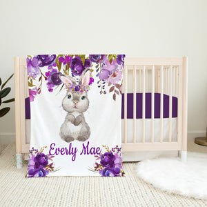 Bunny Rabbit Baby Girl Blanket Floral Purple Lavender Plum Flowers Newborn Girl Name Blanket Monogram Flowers Baby Shower Gift Bedding B1512