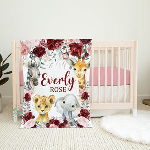 Animals Floral Baby Girl Blanket, Personalized Burgundy Red Blush Pink Flowers, Eucalyptus Leaves Greenery Newborn Baby Shower Gift B1699