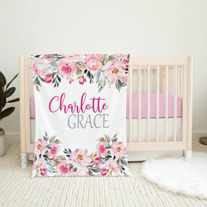 Pink Floral Baby Girl Name Blanket, Pink Magenta Gray Watercolor Flowers Roses Personalized Blanket Nursery Bedding Baby Shower Gift B1553
