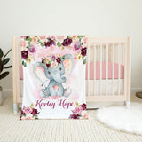 Elephant Floral Girl Name Blanket Blush Pink Purple Peach Magenta Burgundy Red Maroon Watercolor Flowers BabyShower Gift B967