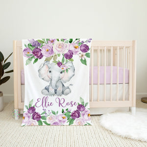 Elephant Blanket Purple Lavender Watercolor Flowers Roses Baby Girl Name Blanket, Elephant Girl Baby Shower Gift B1579