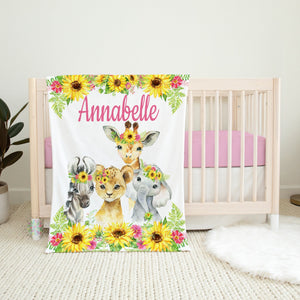 Animals Baby Girl Name Blanket Sunflowers Pink Floral Personalized Blanket Newborn Monogram Flowers Baby Shower Gift B1451