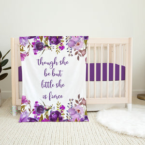 Floral Baby Girl Blanket Watercolor Purple Lavender Flowers Though she be but little she is fierce Nursery Bedding Shower Gift B1108