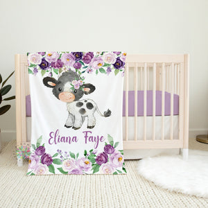 Cow Floral Blanket, Personalized Baby Girl Farm Animals Blanket, Purple Lavender Flowers, Nursery Bedding Decor, Baby Shower Gift B1681