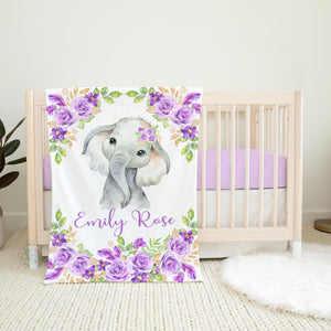 Elephant Floral Name Blanket Purple Lavender Lilac Gold Flowers Personalized Monogram Girl Baby Shower Gift Nursery Decor B1466