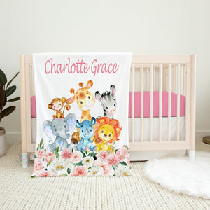 Jungle Animals Baby Girl Blanket Personalized Safari Floral Name Blanket Crib Bedding Baby Shower Gift Monkey Lion Elephant Giraffe B1247