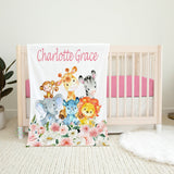 Jungle Animals Baby Girl Blanket Personalized Safari Floral Name Blanket Crib Bedding Baby Shower Gift Monkey Lion Elephant Giraffe B1247