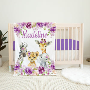 Safari Animals Floral Girl Name Blanket, Purple Lavender Lilac Flowers Personalized Blanket Newborn Baby Shower Gift B1444
