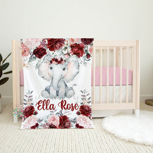 Elephant Baby Girl Blanket, Personalized Blush Pink Burgundy Red Floral Roses Name Blanket, Elephant Flowers Baby Shower Gift Floral B1698