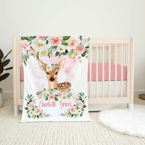 Deer Baby Girl Name Blanket, Blush Pink Floral Personalized Newborn Baby Girl Monogram Flowers Baby Shower Gift Bedding B676