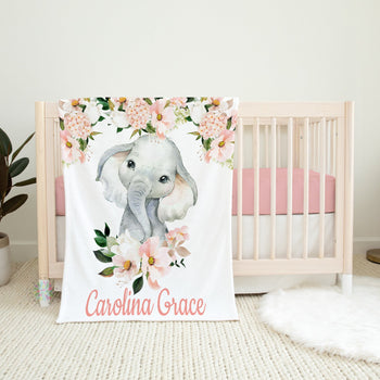 Floral Elephant Girl Name Blanket, Blush Pink Coral Watercolor Flowers Baby Shower Gift Nursery Blanket B1174