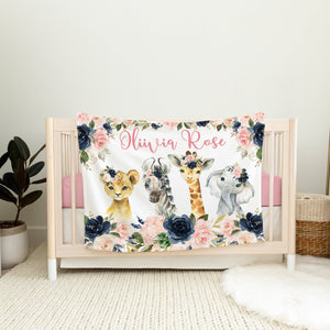 Animals Baby Girl Floral Blanket, Blush Pink Navy Flowers Safari Jungle Name Blanket, Newborn Baby Shower Gift, Floral B1440