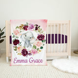 Elephant Floral Girl Name Blanket Blush Pink Purple Magenta Burgundy Red Maroon Watercolor Flowers Wreath Monogram BabyShower Gift B960