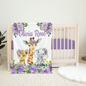 Safari Animals Baby Name Blanket, Purple Floral Jungle Newborn Monogram Flowers Baby Shower Gift Lion Elephant Giraffe B1141
