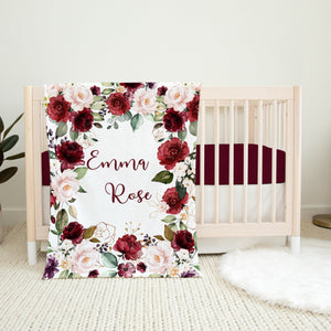 Floral Girl Name Blanket, Red Blush Pink Blue Maroon Burgundy Gold Green Leaves Watercolor Flowers Monogram Baby ShowerBedding Gift B1418