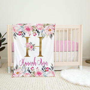 Floral Baby Blanket, Pink Flowers Roses Personalized Baby Girl Name Blanket Nursery Bedding Baby Shower Gift Gold Letter B1555